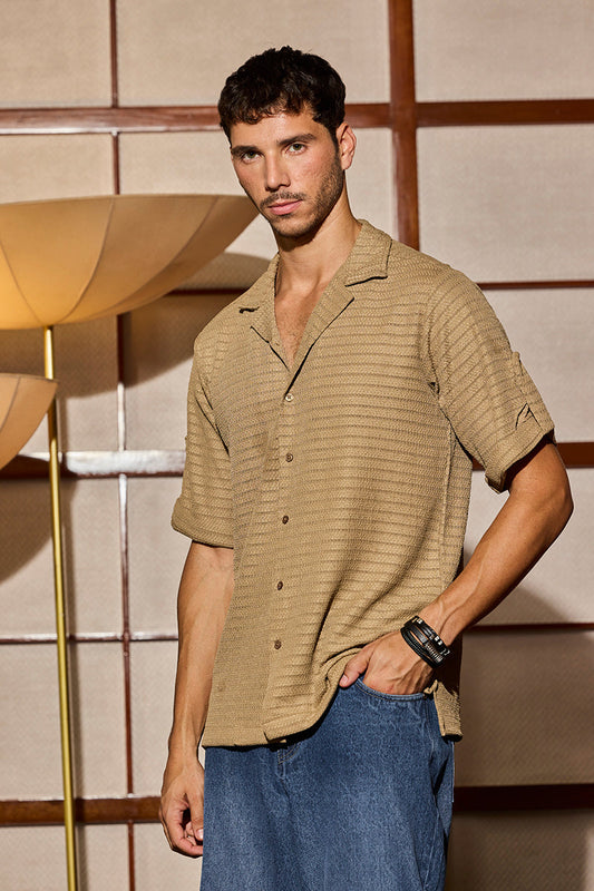 Khaki Self-Design Cuban Shirt