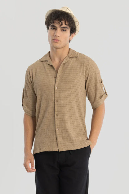 Khaki Self-Design Cuban Shirt