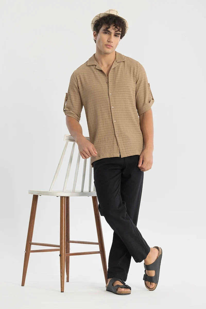 Khaki Self-Design Cuban Shirt