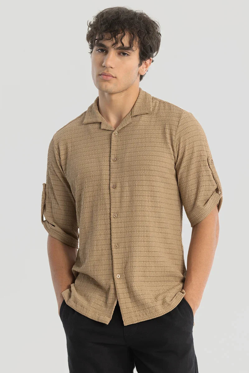 Khaki Self-Design Cuban Shirt