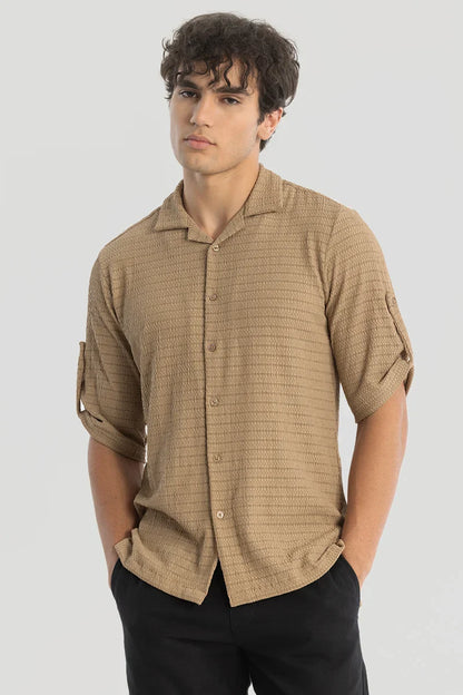 Khaki Self-Design Cuban Shirt