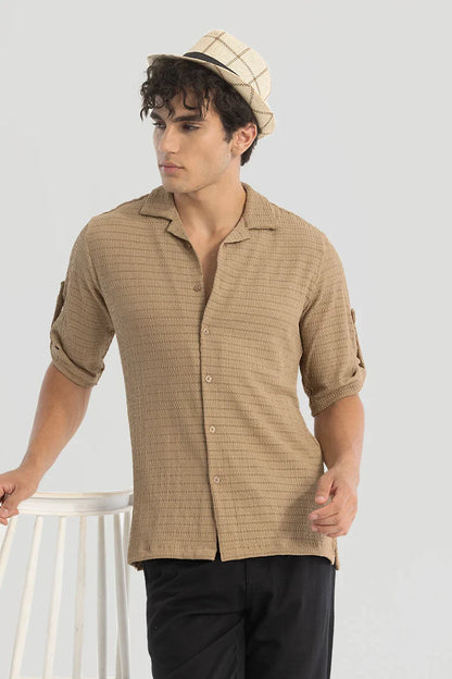 Khaki Self-Design Cuban Shirt