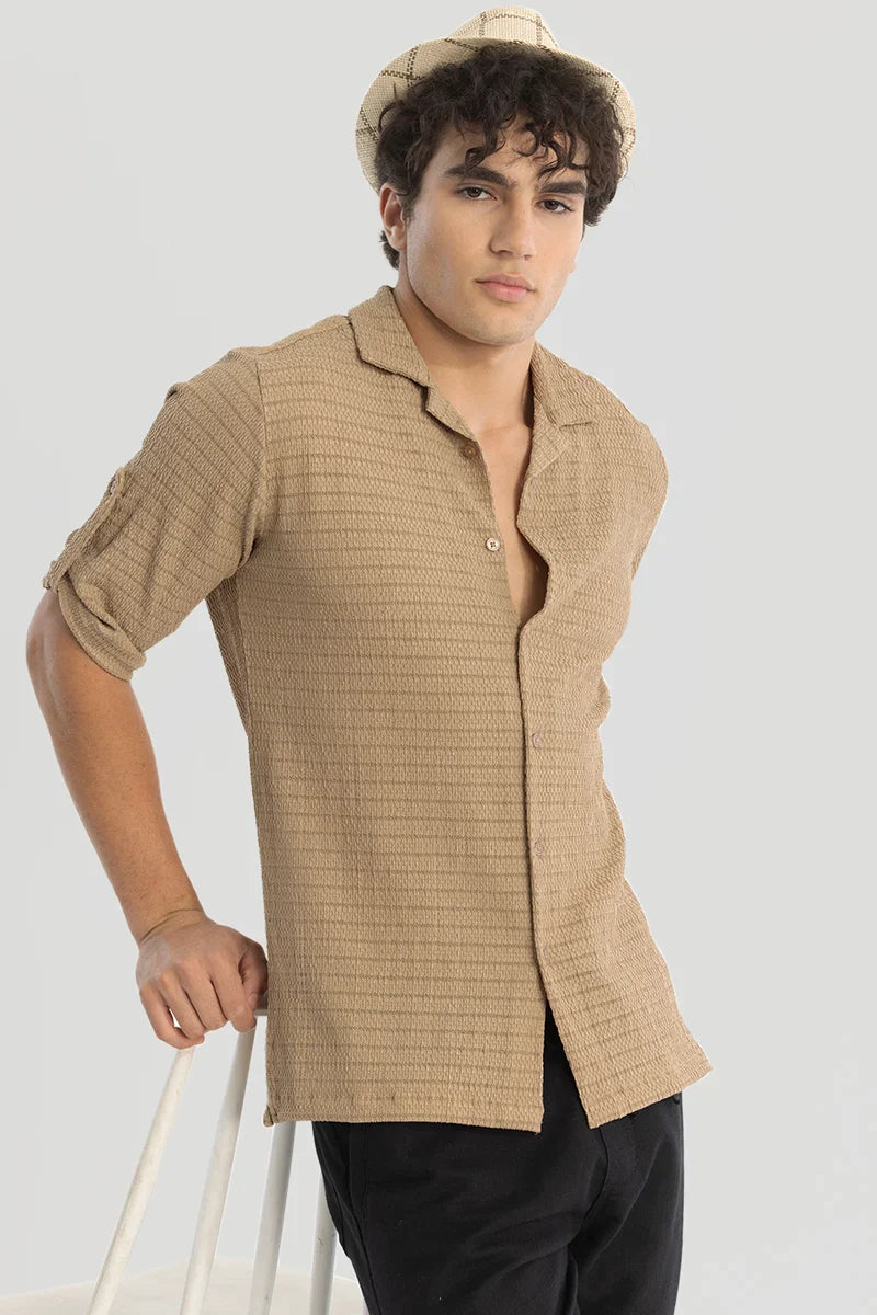 Khaki Self-Design Cuban Shirt