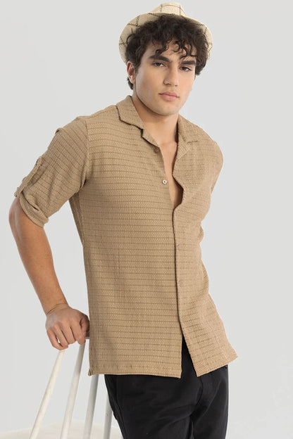 Khaki Self-Design Cuban Shirt